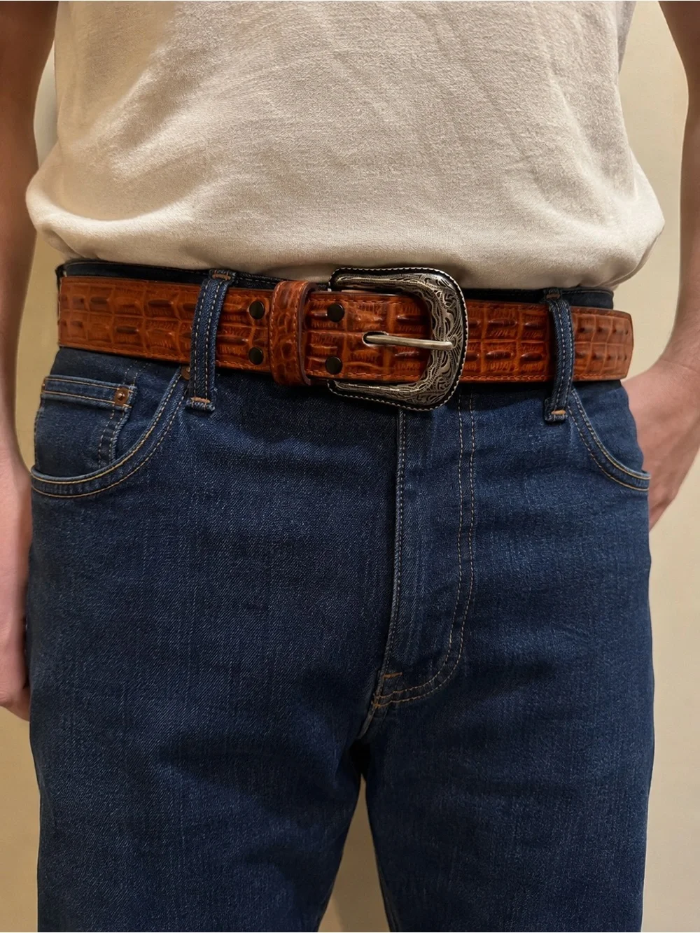 Cavender’s Men’s Brown Embossed Leather Western Belt Silver Engraved Buckle